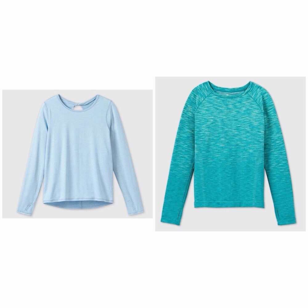 All In Motion Girls 2  New Blue Green  Keyhole Twist Neck Long Sleeve Top S 6/6x
